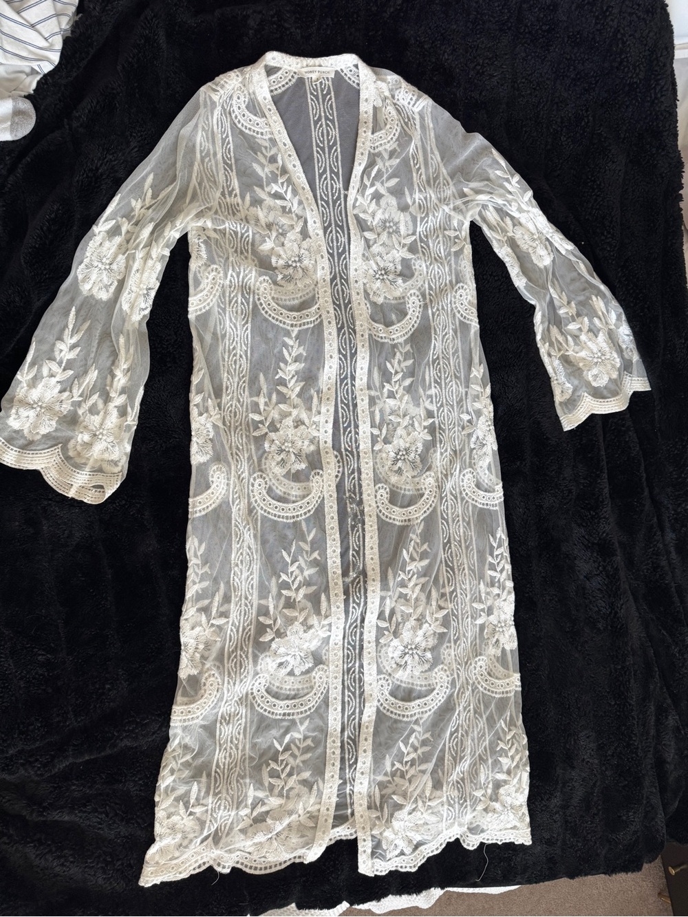 Honey Punch Ivory Sheer Embroidered Lace Duster